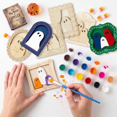 FeuuWamme Halloween Ghost Wooden Frames DIY Crafts for Kids Adults, 12Pcs