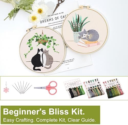 Santune 3 Pack Embroidery Kit for Beginners with Pattern, Cross Stitch Kits for Adults with Instructions,Needlepoint Kits for Adults Include 1 Embroidery Hoops,Color Threads and Needles(Cat)
