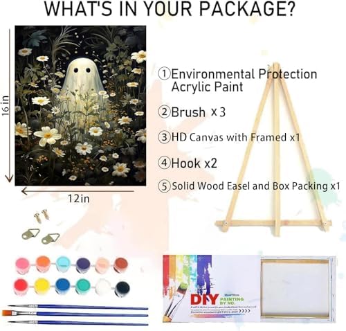 Halloween Paint by Numbers for Adults with Framed Canvas-with Wooden Easel,Ghost Paint by Number on Canvas,DIY Acrylic Oil Painting Kits with Brushes Nice Gift Box for Home Wall Decor(12x16 Inch)