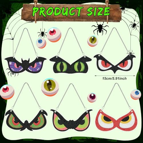Chiisong 6 Pcs Halloween Diamond Art Hanging Signs Flashing Eyes Glow Eyes