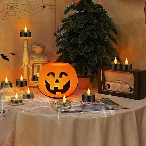 Tea Lights Battery Operated Candles LED Tea Lights Flameless Candles 200+ Hours Flickering Fake Tealights for Halloween, Christmas Aniversary Home Table Decor(Black, 100 Pack)