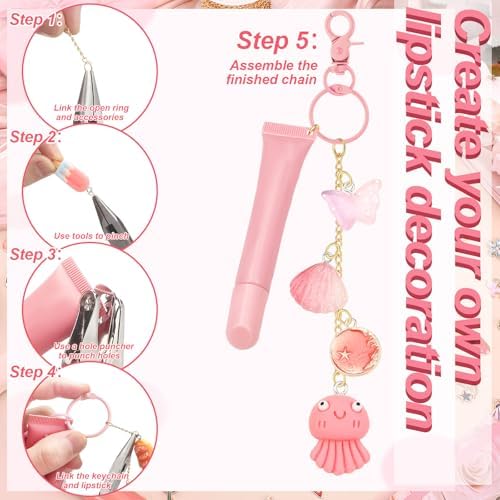 VioraWhite 213 Pcs Keychain Making Kit Bag Charm Kit Cute Lip Gloss Keychain 100 Pink Enamel Charms 32.81 ft Gold Chains for DIY Crafts Women