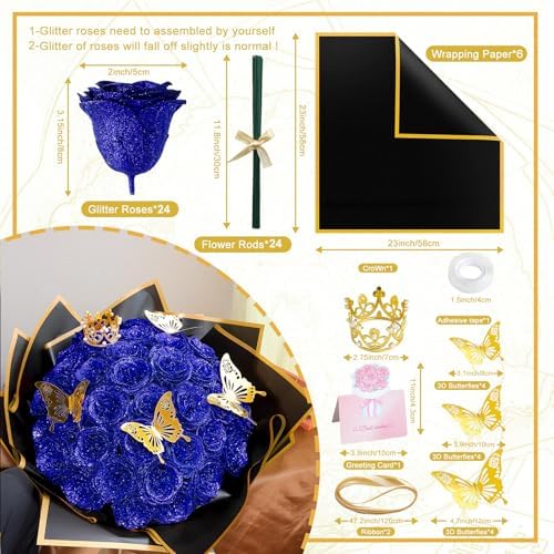 CCYXSHOW Blue DIY Glitter Roses Bouquets - 24 Pack Artificial Flowers Rose Bouquet Shiny Fake Eternal Floral Bouquets for Graduation Wedding Anniversary Birthday Gifts