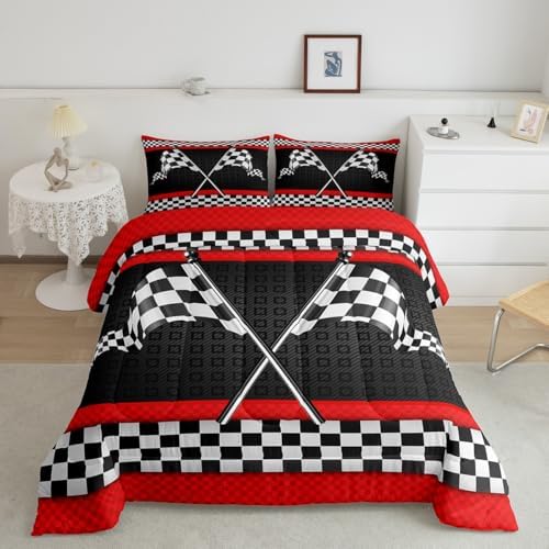 Castle Fairy Race Car Themed Comforter Set King Size,Black White Checkered Flag Print Bedding All Season Quilt Set,Red Stripes Geometric Grid Microfiber Polyester Down Comforter, King 104/''x90/''