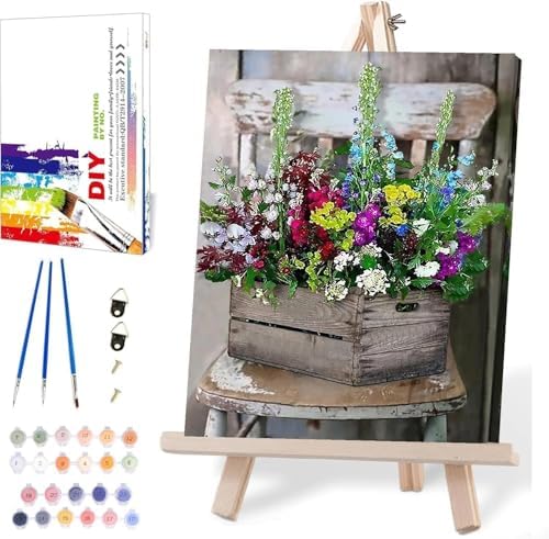 MIRCVSH Flowers Paint by Numbers for Adults with Framed Canvas-with Wooden Easel,Paint by Number on Canvas,DIY Acrylic Oil Painting Kits with Brushes Nice Gift Box for Home Wall Decor(12x16 Inch)