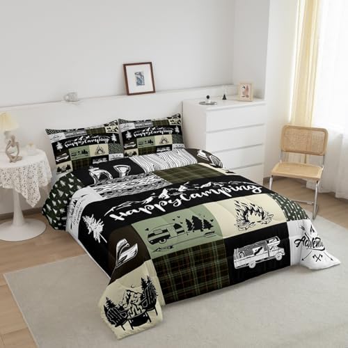 Castle Fairy Camper Adventure Comforter Set Queen Size,Happy Camping Plaid Travel Trailers Decor Bedding Set for Women Adult,Retro Tribal Aztec Exotic Luxury Bed Duvet Insert, 2 Pillowcases