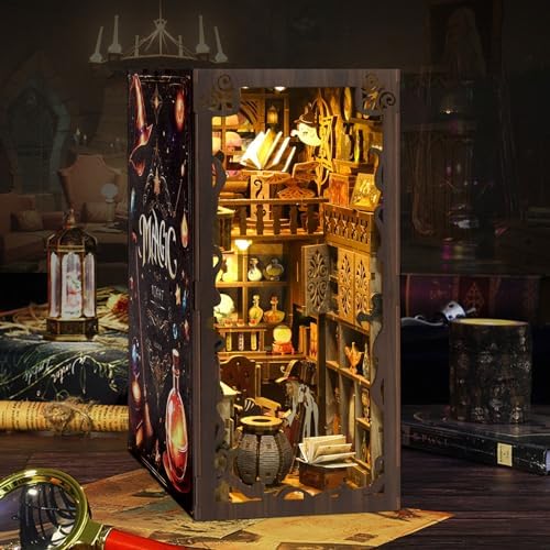 Magic Academy Book Nook Kit with LED Lights - 3D Wooden DIY Miniature Library for Bookshelf Decor, Gift for Harry Potter Fans