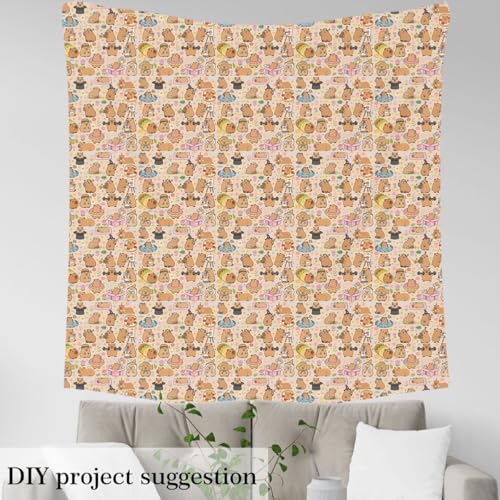 Castle Fairy Cute Capybaras Fabric by The Yard Kawaii Capybara Lovers Soft Polyester No Stretch Fabrics for Chairs Sofa Cartoon Rodent Animals Decorative Sewing Fabric,1 Yard,36" L x 59" W Brown