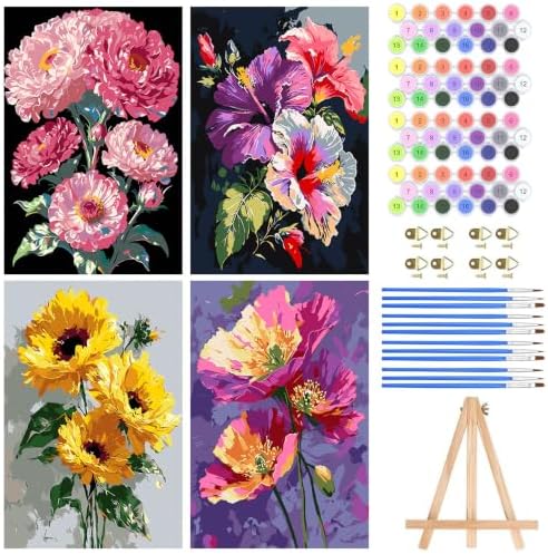 Axquilon 4 Packs Flowers Framed Paint by Numbers Kit with Easel 8x10in