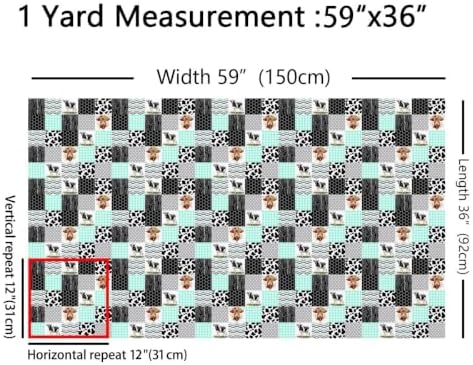 Cute Cow Print Fabric By The Yard Kawaii Highland Cow Upholstery Fabric Honeycomb Plaid Pattern Geometric Stripes Decorative Fabric Cartoon Farm Animals DIY Fabric, 10 Yards,Green Black Grey