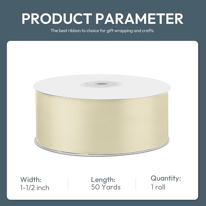 KMER LIFE 1-1/2" Wide x 50 Yards Ivory Single Faced Polyester Satin Ribbon - Image 2