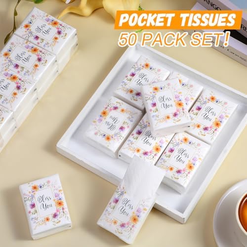 Outus 50 Pack Floral Bless You Christian Pocket Tissues, 400 Sheet Total
