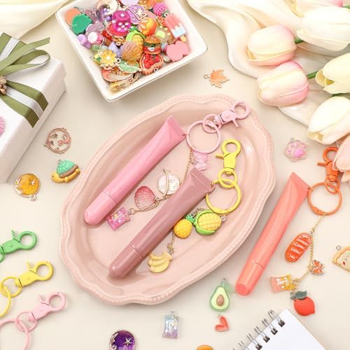 VioraWhite 213 Pcs Keychain Making Kit Bag Charm Kit Cute Lip Gloss Keychain 100 Pink Enamel Charms 32.81 ft Gold Chains for DIY Crafts Women