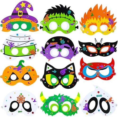 Winlyn 24 Sets Halloween Masks Craft Kits Halloween Face Masks DIY Foam Halloween Party Mask Art Sets Ghost Monster Mummy Face Stickers for Kids Classroom Activities Party Favors Treats