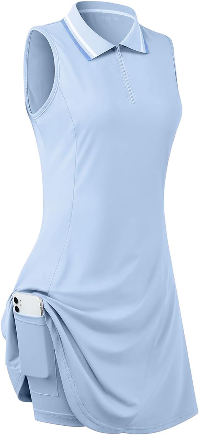 Womens Sleeveless Golf Tennis Dresses with Inner Shorts＆Pockets for Workout Exercise