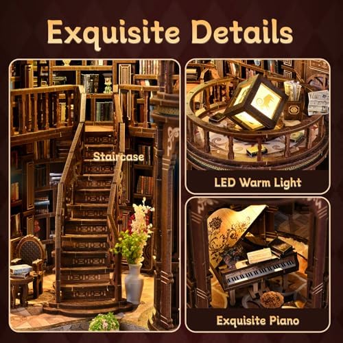 Book Nook Vintage Library Wooden DIY Kit - 3D Bookshelf Model with LED Lighting, Classic Study Room Decor for Adults