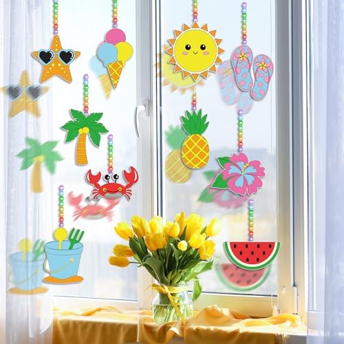 Dunzoom 30 Set Summer Window Art Suncatchers Kits Summer Beach Fruit DIY Suncatchers Craft Kits Make Your Own Paint Ornaments for Boys Girls Craft Painting Art Activity