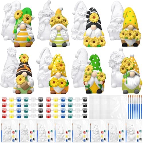 PullCrease 8 Pcs Gnome Ceramics to Paint Sunflower DIY Unpainted Kit