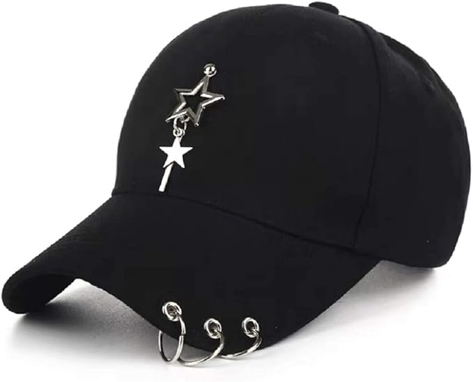 K-pop Metallic Fitted Cap with Ring Chain, Unique Design, Star Embellishment