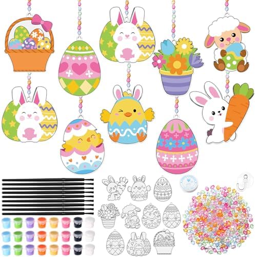 Dunzoom 30 Set Easter Craft Kit Suncatchers Kit Spring Easter Eggs DIY Suncatchers Craft Kit Make Your Own Suncatcher Paint Easter Bunny Sun Catcher Ornaments for Spring Art Craft Painting Activity