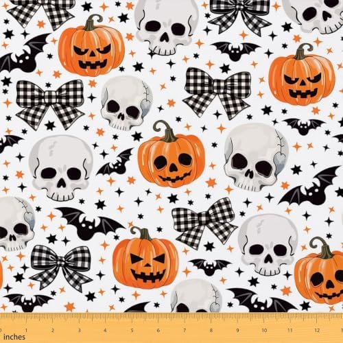Halloween Pumpkin Fabric by The Yard Cartoon Human Skull Bat No Stretch Fabric for Sewing Supplies Gingham Bow Stars Decor Soft Polyester for Home DIY Projects 10 Yards Whole Piece,360" Lx59 W