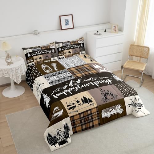Castle Fairy Camper Patchwork Full Size Comforter Set,Happy Camping Cabin Hunting Adventure Bedding Comforters Bedroom Collection,Travel Trailers Decor Boho Aztec Exotic Bedding Set for Girls Teens