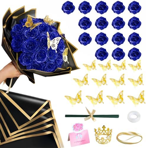 Blue Glitter Rose Bouquets, Fake Roses Bouquet 16 Pcs DIY Glitter Rose Bouquet Kits Birthday Gifts for Women Mom Mother's Day Anniversary Graduation
