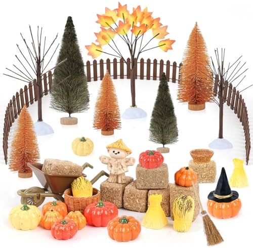 33 PCS Mini Fall Figurines Thanksgiving Resin Figurines Autumn Tiny Resin Farm Miniature Include Trees Pumpkins Scarecrow Wheelbarrow Ears of Wheat Basket Fence for Harvest Home Table Decorations