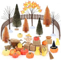 33 PCS Mini Fall Figurines Thanksgiving Resin Figurines Autumn Tiny Resin Farm Miniature Include Trees Pumpkins Scarecrow Wheelbarrow Ears of Wheat Basket Fence for Harvest Home Table Decorations
