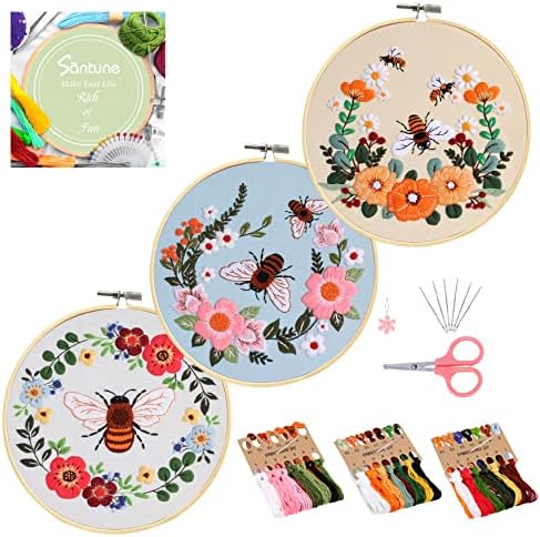 Santune 3 Pack Bee Embroidery Kit for Beginners Adult Cross Stitch Kits Hand Embroidery with Animal Patterns and Instructions,DIY Sets for Women with Hoop,Threads and Needles