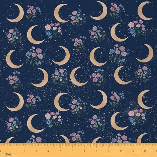 Moon Fabric by The Yard,Starry Galaxy Moon Sky Soft Polyester No Stretch Fabric,Country Rustic Flowers Decorative Fabrics,Dark Blue Crafts & Sewing Supplies,10 Yards,360" L x 59" W