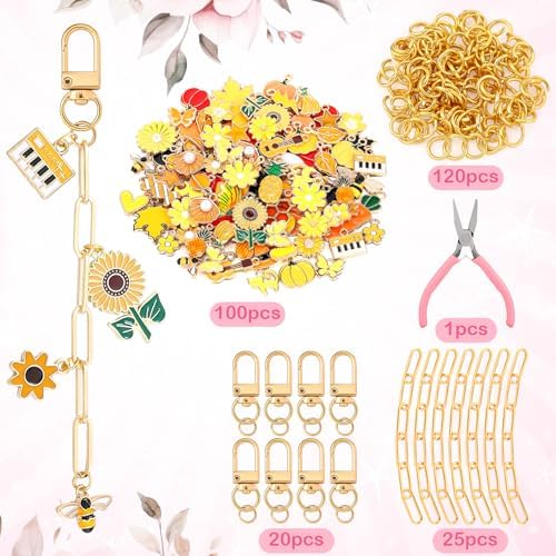 Tondiamo 266 Pcs Fall DIY Keychain Making Kit Gold Craft Autumn Charm