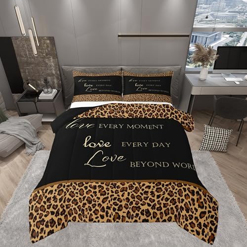 Castle Fairy Leopard Print Full Size Comforter Set,African Wild Animal Fur Pattern Bedding Comforters Bedroom Collection,Cheetah Skin Brown Black Bedding Set for Girls Teens