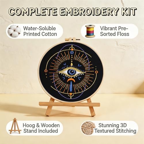 Qupace 3 Pcs Black Evil Eye Embroidery Kits for Beginners Adults,Stamped Cross Stitch Craft Set with 3 Embroidery Hoops & Finished Stands, Halloween Embroidery Wall Decoration