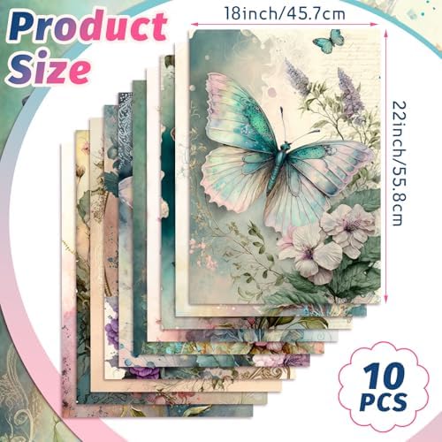 10 Pcs 18x22 Inch Vintage Butterfly Quilting Fabric Square Retro Spring Floral Butterfly Quilted Fabric Bundle Watercolor Precut Printed Sewing Material Patchwork Supplies for Holiday DIY Sewing Craft