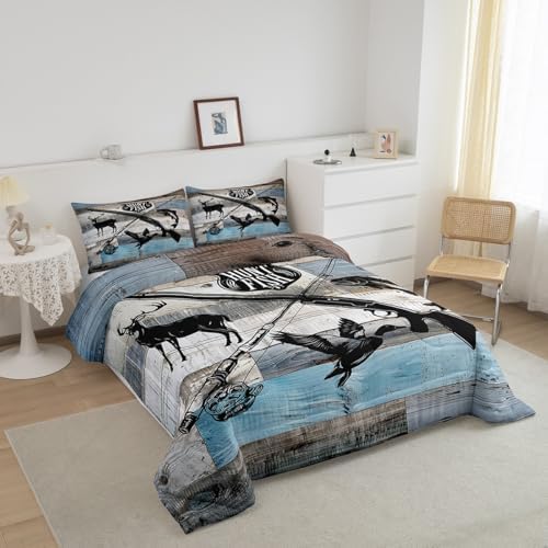 Hunt Fish Comforter Set Twin Size,Deer Bird Fish Animal Hunting Quilt Set for Kids Boys Bedroom Gift,Rustic Retro Wooden Board Polyester Bedding Set with 1 Pillowcase,2Pcs