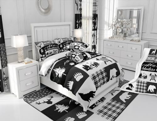 Castle Fairy Rustic Farmhouse Full Size Comforter Set,Deer Bear Wolf Wild Animals Hunting Bedding Comforters Bedroom Collection,Adventure Plaid Black Check Tribal Bedding Set for Girls Teens