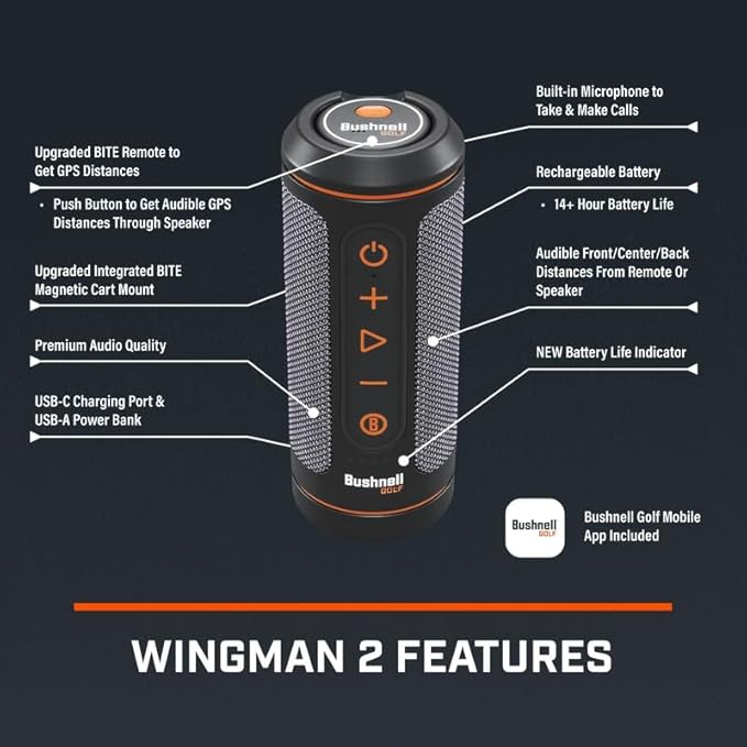 Bushnell Golf Wingman 2 GPS Bluetooth Speaker | Audible Distances, Magnetic Cart Mount, Custom Sound Bites, TWS Pairing & USB-C Charging