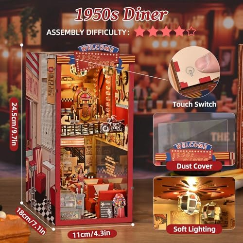 fifijoy Book Nook Kit for Adults, 1950s Diner Bookshelf Insert