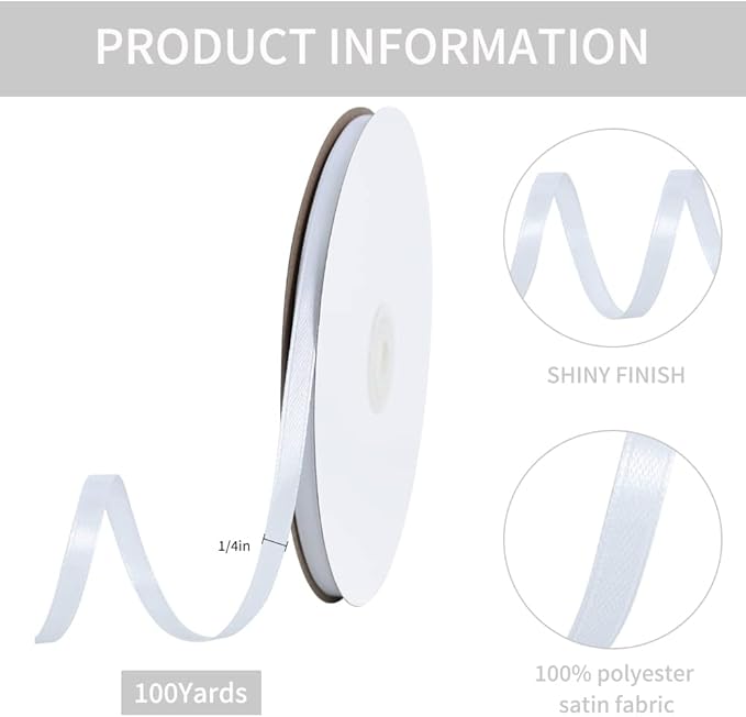 TONIFUL 1/4 Inch x 100yds White Satin Ribbon, Thin Solid Color Satin Ribbon - Image 2