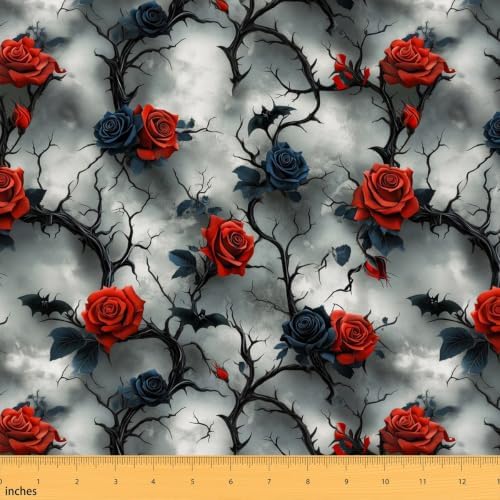 Gothic Blue Red Rose Upholstery Fabric for Chairs Tree Branches and Vines Floral Fabric by The Yard 181"x63", Goth Vintage Flowers Halloween Bats Outdoor Fabric