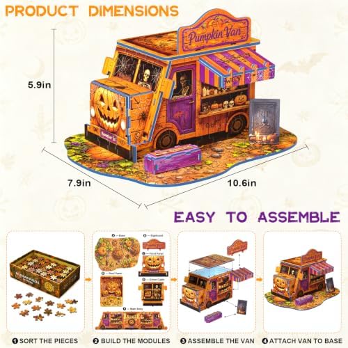 Halloween 3D Puzzle for Adults, Pumpkin Van Miniature Building Kit, DIY Craft Model Kit, Spooky Halloween Festival Decoration Display, 3D Paper Puzzle Home Décor Gift for Teens Family & Friends