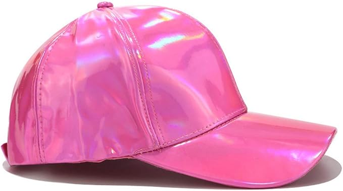Women Men Faux Leather Baseball Cap Glitter Metallic Holographic Rainbow Reflective Hip Hop Adjustable Strapback Peaked Hat Silver