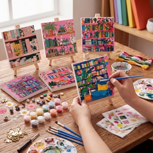 YooNotee 6 Pack Paint by Numbers Kit for Adults Pink Bookshelf Adult Paint by Number Kits for Women on Canvas Book DIY Acrylic Painting on 8x8 Inch Canvas with Wooden Easels & Brushes, Home Wall Decor