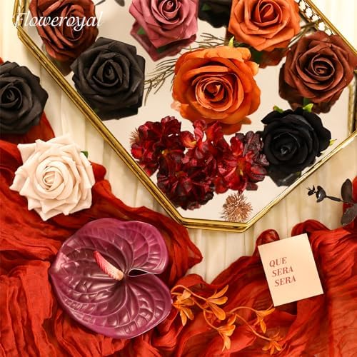 Floweroyal Halloween Artificial Flowers Black Flowers Mix Silk Flowers Fake Roses with Stems for DIY Wedding Bridal Bouquets, Baby Shower, Floral Arrangement, Table Centerpieces, Home Decorations