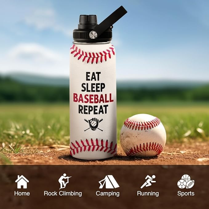 Baseball Water Bottle 32 Oz - Insulated Stainless Steel Sport Bottles with Lid - Baseball Men Players Fan Coach
