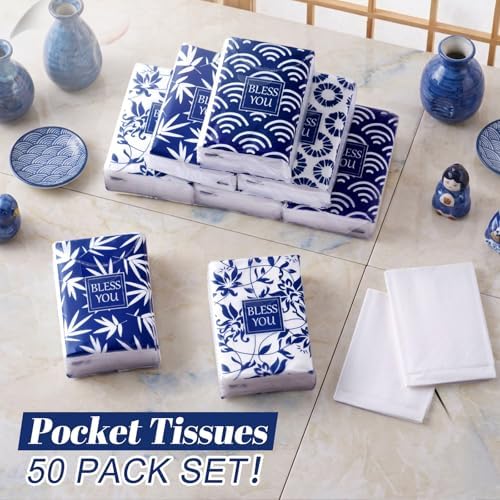 Outus 50 Pack Blue Japanese Pattern Travel Size Pocket Tissues