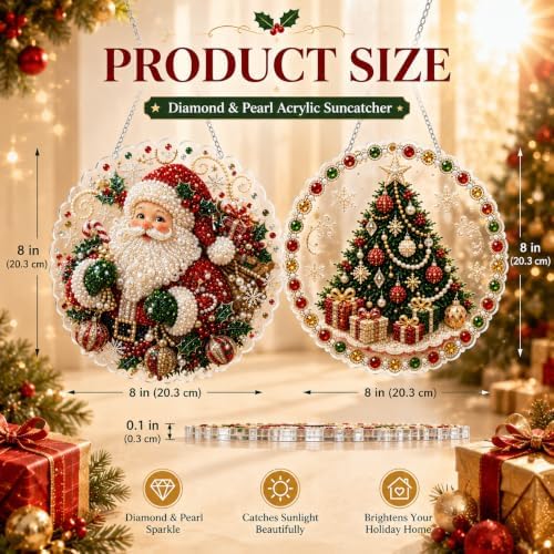 2 PCS Christmas Pearl Diamond Painting Suncatcher Kit, DIY Craft (#A, 8in)
