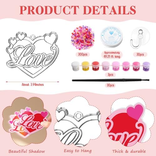 Dunzoom 30 Packs Valentine's Day Crafts, Heart Suncatcher Kit for Window Art, DIY Valentines Stained Glass Effect Painting Craft Kits, Classroom Valentine Gifts Party Favors Decorations