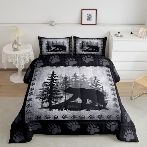 Rustic Bear Kids Comforter Set Toddler Size,Wild Animal Pine Trees Retro Bedding Set for Boys Men,Grid Plaid Hunt Cabin Decor Quilt Set Bear Paw Print Polyester Duvet Set with 1 Pillowcase, Gray